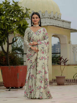 Cream Floral Chinnon Ready To Wear Saree with Mirror Border