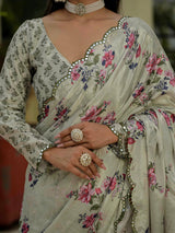 Cream Floral Chinnon Ready To Wear Saree with Mirror Border