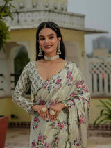 Cream Floral Chinnon Ready To Wear Saree with Mirror Border