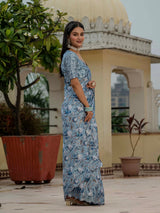 Blue Chinnon Ready-to-Wear Saree with Kutchi Mirror Border