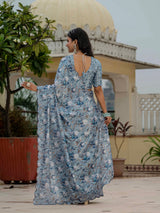 Blue Chinnon Ready-to-Wear Saree with Kutchi Mirror Border