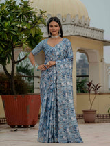 Blue Chinnon Ready-to-Wear Saree with Kutchi Mirror Border
