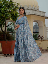 Blue Chinnon Ready-to-Wear Saree with Kutchi Mirror Border