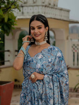 Blue Chinnon Ready-to-Wear Saree with Kutchi Mirror Border