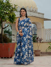 Blue Floral Print Ready-to-Wear Chinnon Saree with Mirror Lace