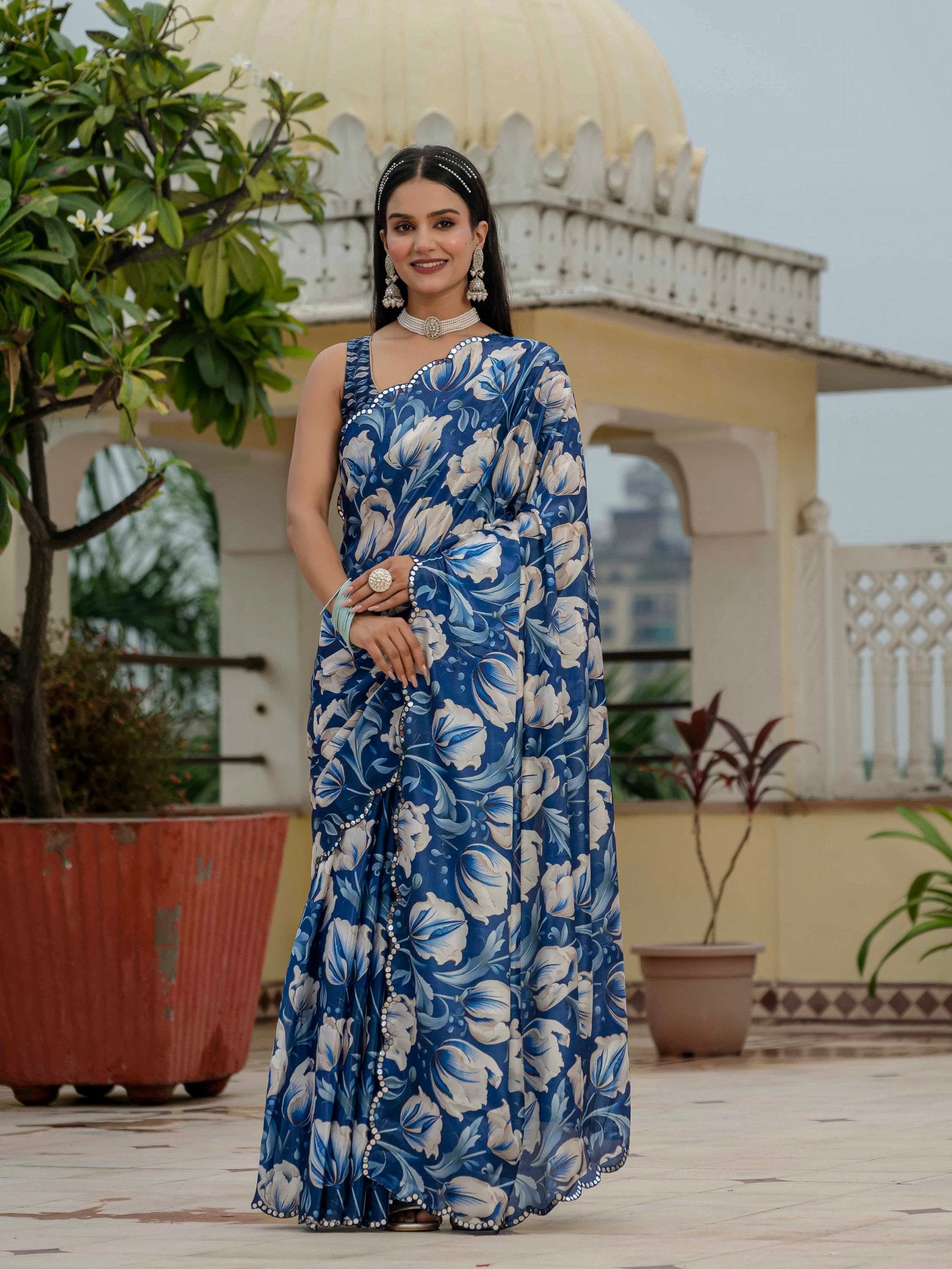 Blue Floral Print Ready-to-Wear Chinnon Saree with Mirror Lace