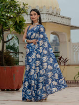 Blue Floral Print Ready-to-Wear Chinnon Saree with Mirror Lace