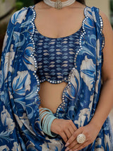 Blue Floral Print Ready-to-Wear Chinnon Saree with Mirror Lace