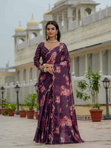 Elegant Purple Chinnon Floral Ready-to-Wear Saree with Mirror Lace