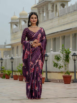 Elegant Purple Chinnon Floral Ready-to-Wear Saree with Mirror Lace