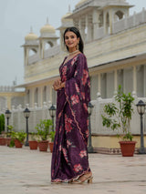 Elegant Purple Chinnon Floral Ready-to-Wear Saree with Mirror Lace