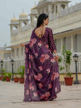Elegant Purple Chinnon Floral Ready-to-Wear Saree with Mirror Lace