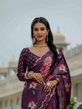 Elegant Purple Chinnon Floral Ready-to-Wear Saree with Mirror Lace