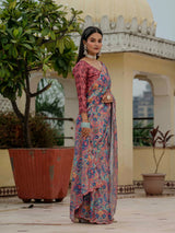 Multicolor Chinnon Ready-to-Wear Saree with Mirror Work