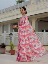 Multicolor Floral Chinnon Ready-to-Wear Saree with Mirror Lace