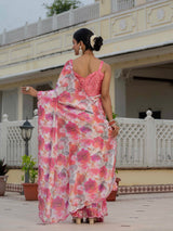 Multicolor Floral Chinnon Ready-to-Wear Saree with Mirror Lace