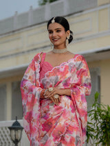 Multicolor Floral Chinnon Ready-to-Wear Saree with Mirror Lace