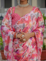 Multicolor Floral Chinnon Ready-to-Wear Saree with Mirror Lace
