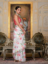 White Floral Print Ready-to-Wear Chinnon Saree with Unstitched Blouse