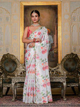 White Floral Print Ready-to-Wear Chinnon Saree with Unstitched Blouse