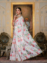 White Floral Print Ready-to-Wear Chinnon Saree with Unstitched Blouse