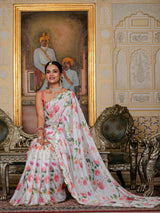 White Floral Print Ready-to-Wear Chinnon Saree with Unstitched Blouse