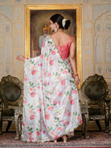 White Floral Print Ready-to-Wear Chinnon Saree with Unstitched Blouse