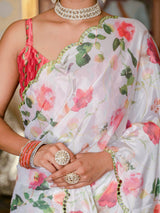 White Floral Print Ready-to-Wear Chinnon Saree with Unstitched Blouse