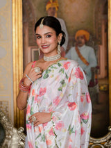 White Floral Print Ready-to-Wear Chinnon Saree with Unstitched Blouse