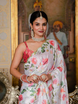 White Floral Print Ready-to-Wear Chinnon Saree with Unstitched Blouse
