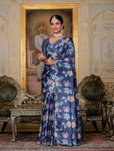 Navy Blue Floral Print Ready-to-Wear Chinnon Saree