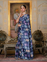 Navy Blue Floral Print Ready-to-Wear Chinnon Saree
