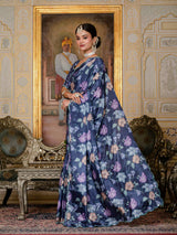 Navy Blue Floral Print Ready-to-Wear Chinnon Saree