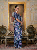 Navy Blue Floral Print Ready-to-Wear Chinnon Saree