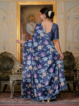 Navy Blue Floral Print Ready-to-Wear Chinnon Saree