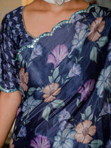 Navy Blue Floral Print Ready-to-Wear Chinnon Saree