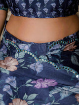 Navy Blue Floral Print Ready-to-Wear Chinnon Saree