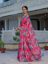 Rani Pink Floral Chinnon Ready-to-Wear Saree with Mirror Lace