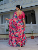 Rani Pink Floral Chinnon Ready-to-Wear Saree with Mirror Lace