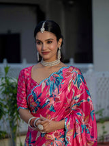 Rani Pink Floral Chinnon Ready-to-Wear Saree with Mirror Lace