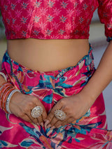 Rani Pink Floral Chinnon Ready-to-Wear Saree with Mirror Lace