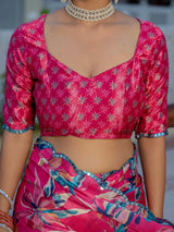 Rani Pink Floral Chinnon Ready-to-Wear Saree with Mirror Lace