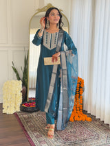 Dark Teal Thread Bsy Viscose Kurta Set with Dupatta Square Neck