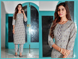 Grey Digital Print With Hand Work Cotton Blend Kurta Set