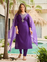 Purple Thread Rayon Slub Kurta Set with Dupatta V-Neck