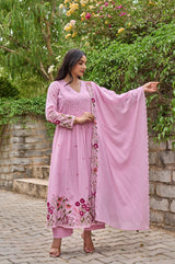 Pink Embroidared + Hand Work Chanderi Silk Kurta Set