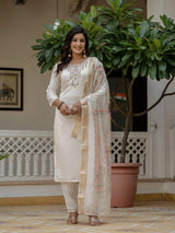 White Embroidery Roman Silk With Cotton Lining Kurta Set