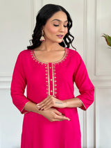 Hot Pink Thread Viscose Kurta Set with Dupatta