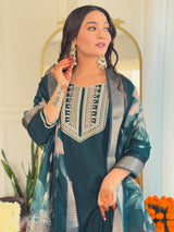 Dark Teal Thread Bsy Viscose Kurta Set with Dupatta Square Neck