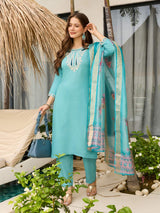 Aqua Blue Thread Viscose Kurta Set with Dupatta